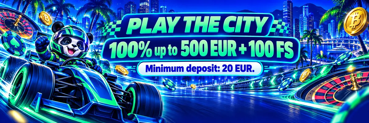 Racing-helmet panda steering an open-wheel car past illuminated high-rises and palm trees, with bold casino and cryptocurrency symbols in the night scene.
